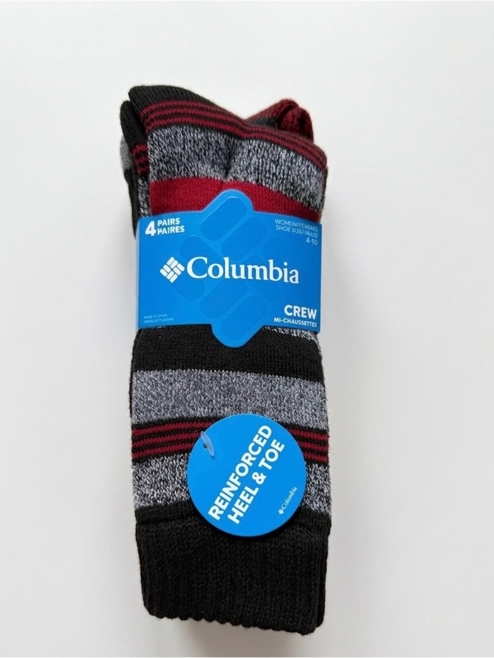 Columbia Women’s Crew Socks - Black, Gray & Red Stripe (4-Pack)